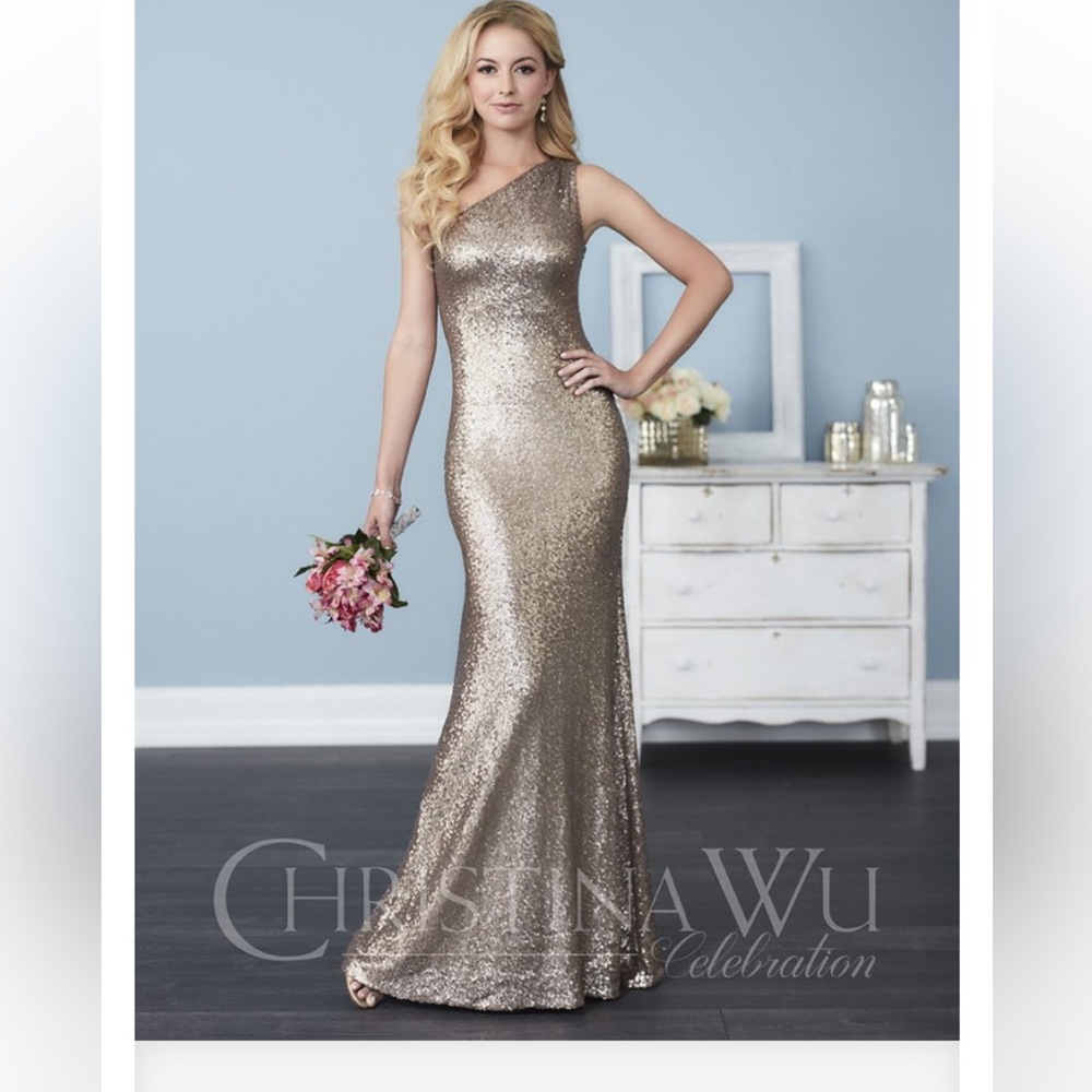 Christina Wu Gold Sequin One-Shoulder Sheath Gown